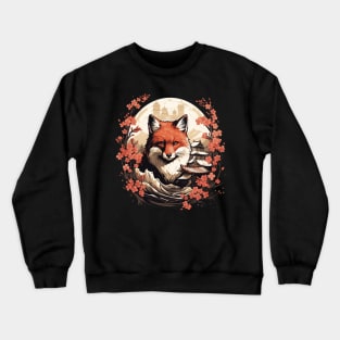 Red Fox Japanese Art with Sakura Trees Crewneck Sweatshirt